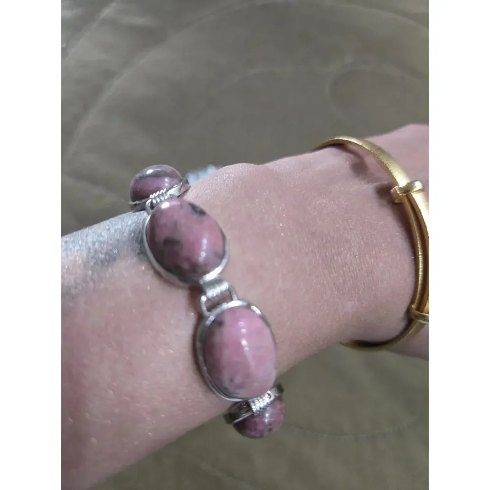 Lot 5 Boho gemstone Costume Stone beaded Bracelets Silvertone adjustable
